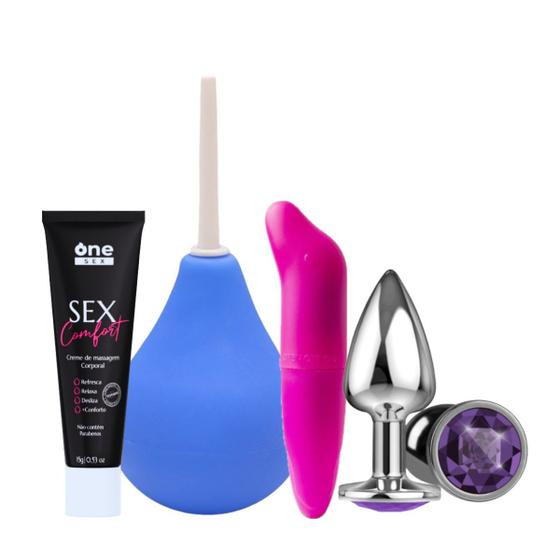 Imagem de Kit Plug Anal P + Sex Comfort Lubrificante Anal + Vibrador Ponto G+ Ducha Higiênica