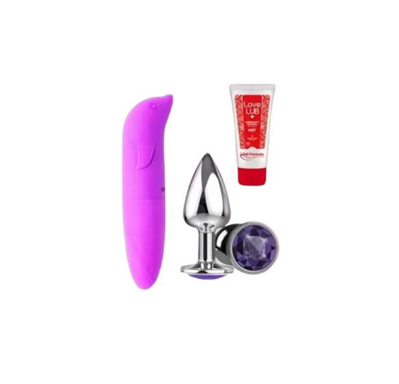 Imagem de Kit Consolo Golfinho Ponto "G" Plug Ana de Metal e Lubrificante Intimo - Embalagem Discreta
