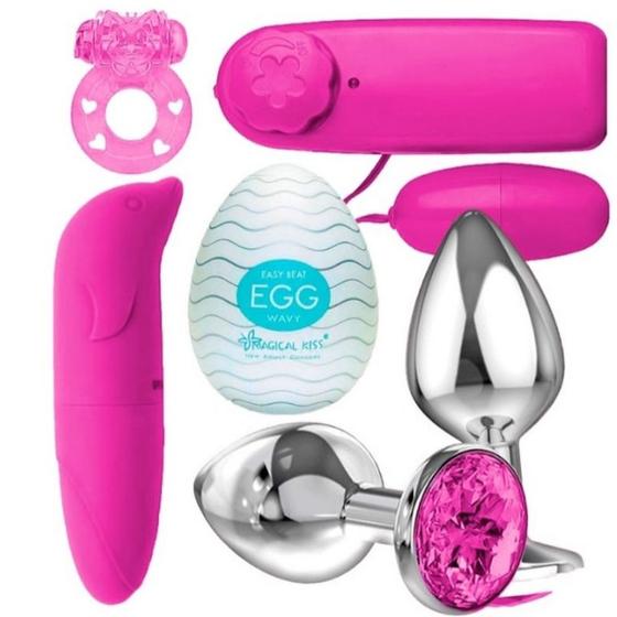 Imagem de Kit Vibrador Golfinho ponto G Casal + Bullet Estimulador + Egg Masturbador + Plug + Anel Peniano