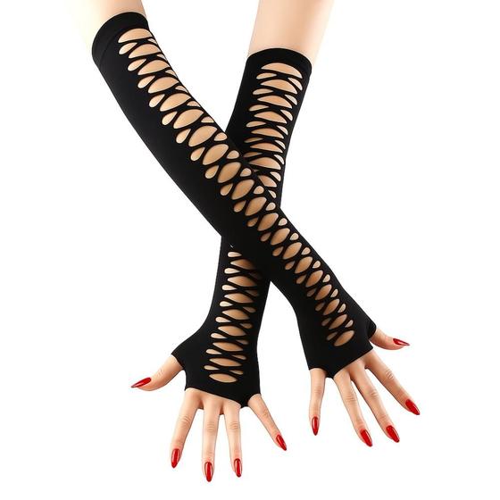 Imagem de Luvas Longas Pretas com Recortes Estilo Sexy Retrô p/ Festas