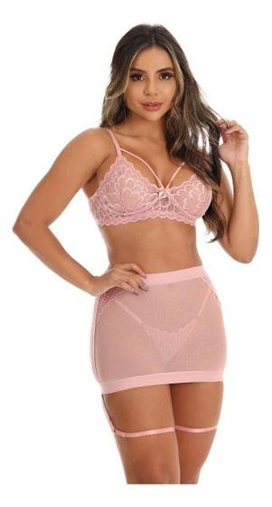 Imagem de Conjunto Lingerie Sensual Sexy 3 Peças Com Calcinha Saia Tule