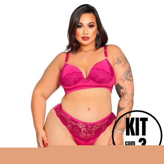 Imagem de Kit 3 Conjuntos Calcinha e Sutiã Fio Plus Size Confort Renda Fio Duplo