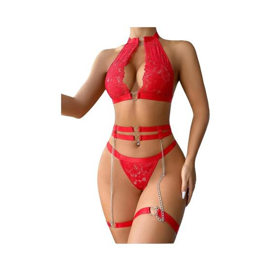 Imagem de Conjunto De Lingerie Sexy Feminina Com Sutiã Com Aro, Renda, Suspensório, Gargantilha E Calcinha Fio