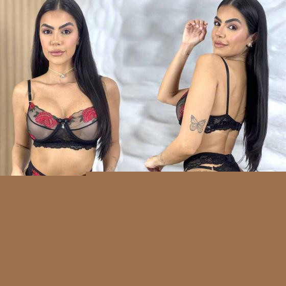 Imagem de Conjunto Lingerie Sem Bojo Com Aro Tule Calcinha Fio Com Cinta Liga