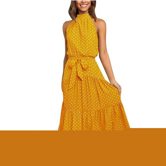 Imagem de Moda feminina verão bolinhas sem mangas estampado sexy noite estilingue vestido longo