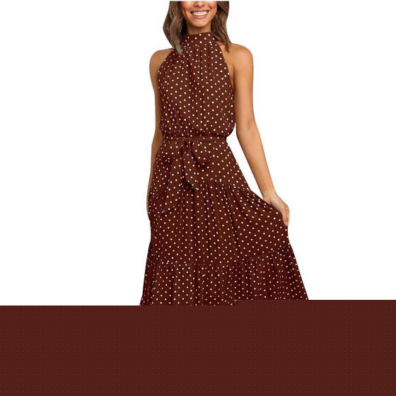 Imagem de Moda feminina verão bolinhas sem mangas estampado sexy noite estilingue vestido longo