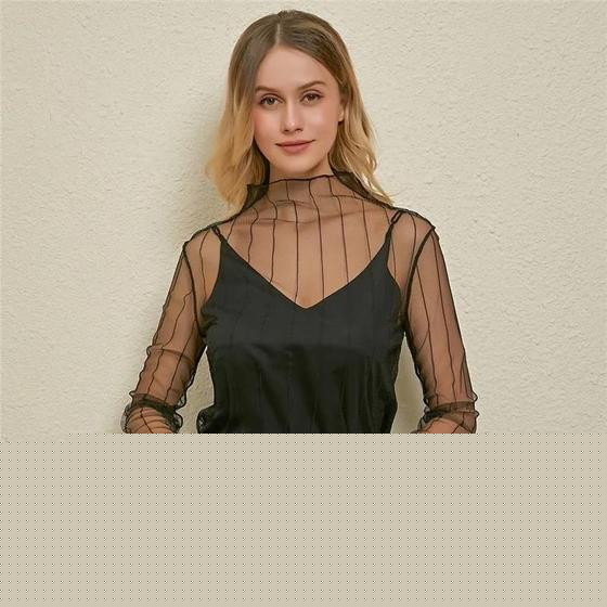 Imagem de Blusa Feminina Sexy de Renda com Manga Longa - Gola Listrada, Bolinhas e Estrelas