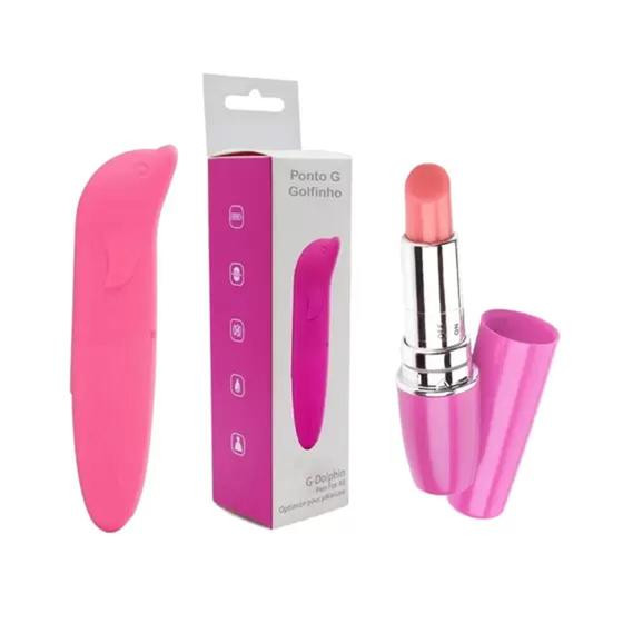 Imagem de Kit Vibrador Feminino Golfinho Ponto G + Vibrador Batom Masturbador Massageador Corporal