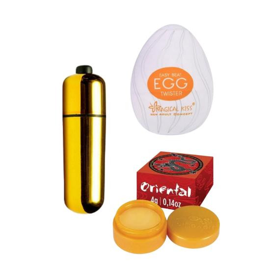 Imagem de Kit Vibrador Feminino Bullet Clitoriano + Egg Masturbador Masculino + Pomada Oriental Massageadora