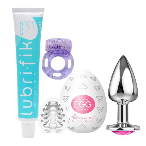 Imagem de Plug Anal Tamanho P + Egg Masturbador + Anel Estimulador + Lubrifik Lubrificante