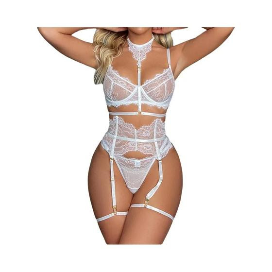 Imagem de Conjunto De Lingerie Sexy Feminina Com Sutiã Push up Com Arame, Cinta E Tanga, Fantasia De Bondage