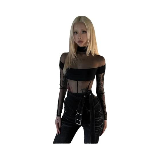 Imagem de Body Sexy Feminino Em Malha Transparente Com Mangas Compridas E Patchwork Para Festas