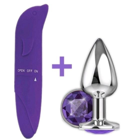 Imagem de Vibrador Estimulador Clitóris Golfinho Aveludado Ponto G + Plug Anal em Aço Inox Joia Tam P