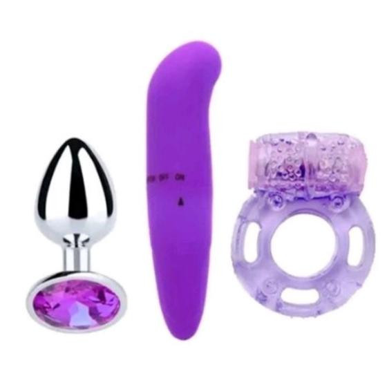 Kit Vibrador Golfinho Ponto G Estimulador Clitóris + Plug Anal em Aço P + Anel Peniano com Vibro - Sexy Import