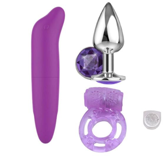 Vibrador Feminino Ponto G golfinho + Plug Anal em Aço + Anel Peniano Estimulador - Sexy Import