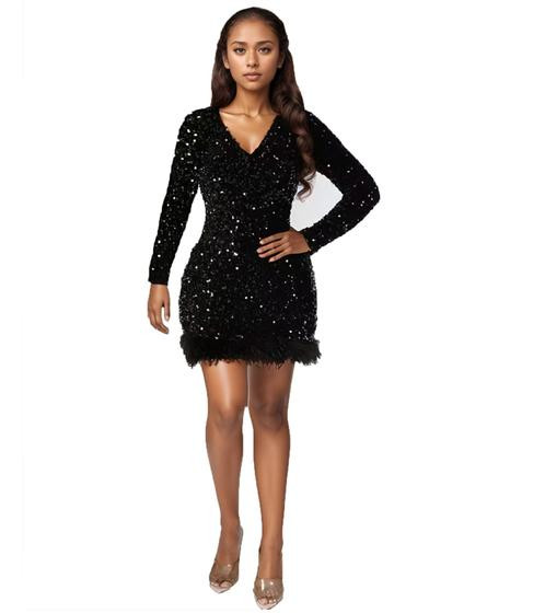 Minivestido PORRCEY Sexy Women, lantejoulas, decote em V, penas, preto