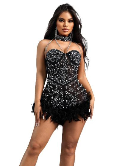 Macacão sexy de strass de penas, frente única, macacão sem encosto, vestido de festa de aniversário - NIKBK