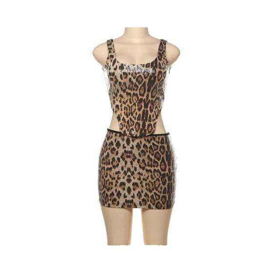Conjunto De Top Cropped Sem Costas E Saia Mini Justa Com Estampa De Leopardo Sexy Para Mulheres, - WEIRD PUSS