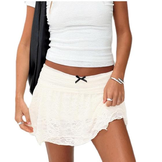 Minissaia Mieeyali Y2k, renda, elástica, cintura baixa, babado, branca