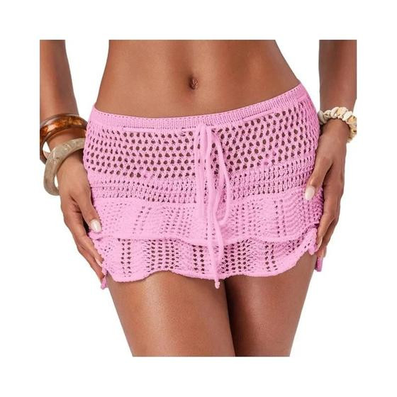 Saia Curta De Tricô Sexy Com Babado Duplo E Amarração Para Festa Na Piscina E Férias Na Praia - NONE