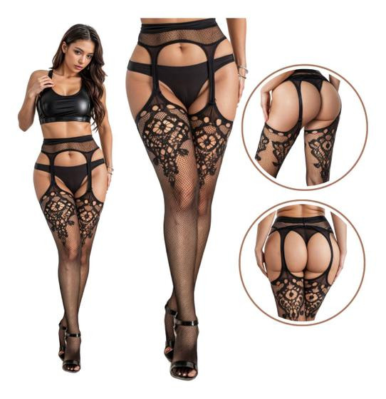 Meia Calça Sexy Arrastão Desenhada Cinta Liga Provocante - Vbrante