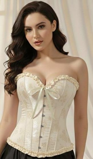 Corpete Espartilho Corset Cinta Modela Cintura Brocado Sexy Cor:CremeTamanho:36 (S) - Modas Fagundes