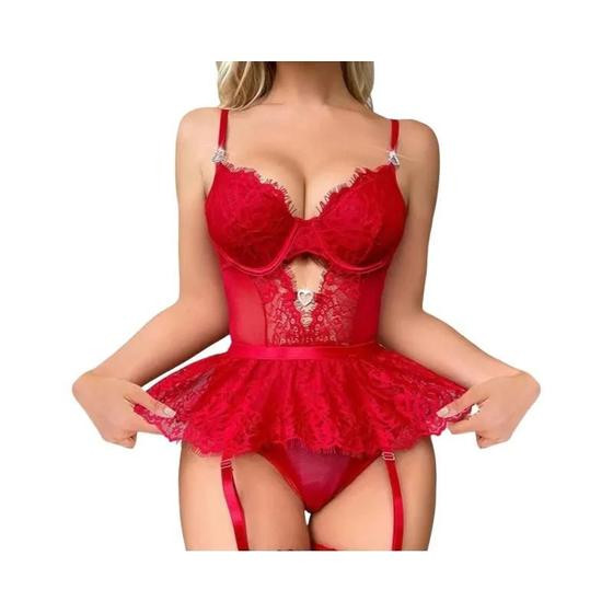 Imagem de Conjunto De Lingerie Sexy Com Sutiã Transparente De Renda E Cinta-Liga Para Adultos