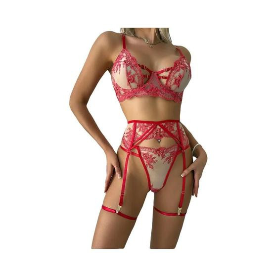 Imagem de Conjunto De Lingerie Sexy Com Bordado Preto, Sutiãs De Malha Transparente, Tanga E Cinta-Liga, 3