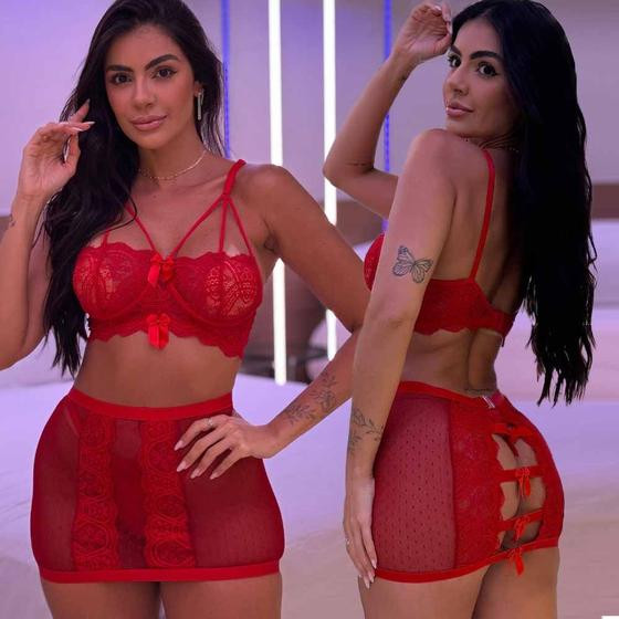 Conjunto de Lingerie Sensual Com Saia Transparente Abertura Rendada - Like4you