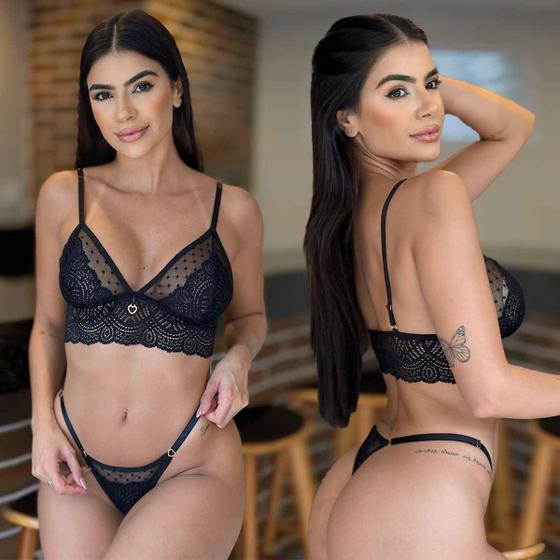 Conjunto Lingerie Sem Bojo Sensual Calcinha fio Dental Tule Rendada Sexy - Like4you