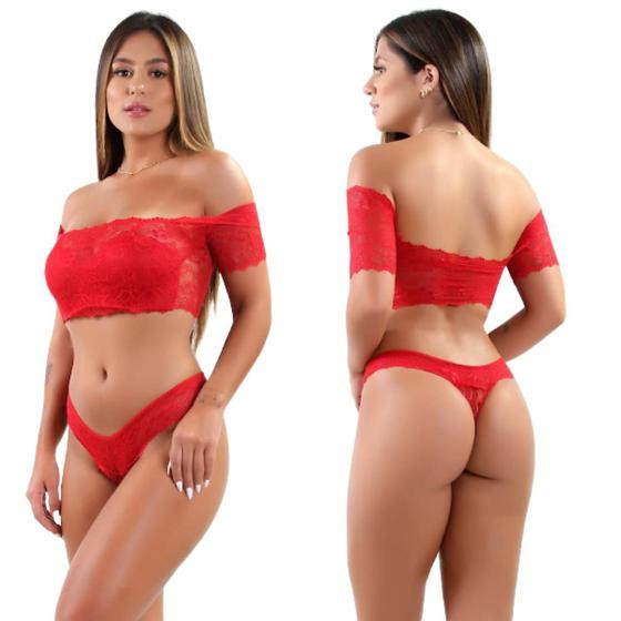Lingerie Sexy Conjunto Ciganinha Cropped Renda Sensual Top - Mi Amore