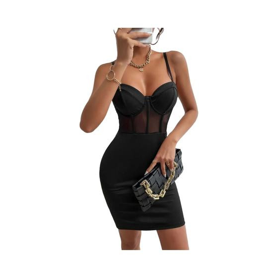 Vestido Slim Sexy Em Tule Transparente Y2K Para Mulheres, Decote Halter Em V, Saia Para Festa Em - NONE