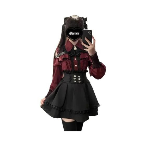 Conjunto De Blusa De Renda Para Meninas Pequenas, Mini Saia, Top Gótico Lolita Sexy Com Mangas - fipyjip