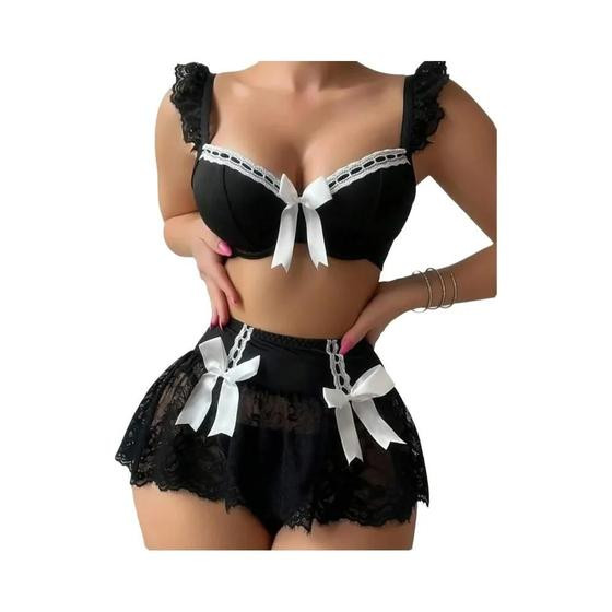 Conjunto De Sutiã De Renda Transparente Preto Com Saia Mini Para Mulheres, Lingerie Sexy Romântica - NONE