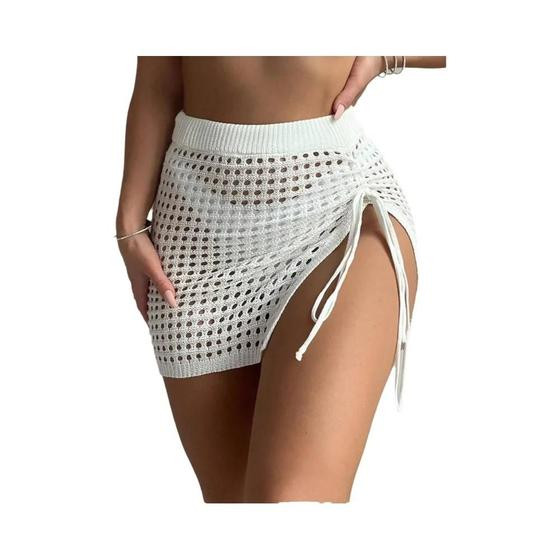 Moda praia saia elegante biquíni oco bloqueado saia curta de malha - NONE