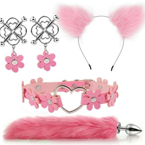 Fantasia Gatinha Kit 4 em 1 Plug Com Calda, Tiara , choker , presilhas, Cosplay, Sex Shop - LHB