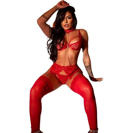 Imagem de Conjunto Sutiã Sem Bojo Com Aro em Renda Calcinha Fio Dental Cinta Liga Strappy Vermelho  