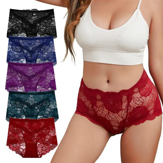 Imagem de Cuecas de renda de cintura alta, cuecas plus size, pacote com 5 unidades para mulheres
