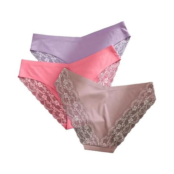 Imagem de Conjunto De Calcinhas Femininas Sexy Sem Costura De Renda Com Cintura Em V E Cintura Baixa De Seda