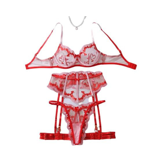 Imagem de Conjunto De Lingerie Em Tule Com Bordado De Coração Em Bloco De Cores, Sexy, Com Modelagem De