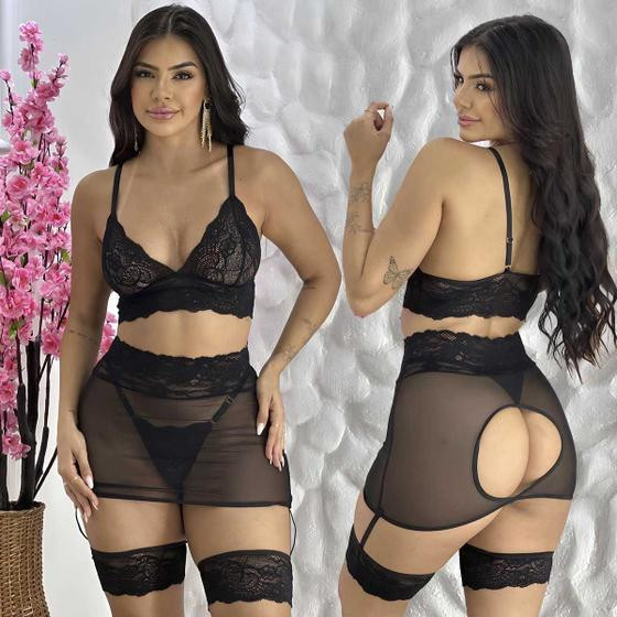 Conjunto Lingerie Sensual Com Saia Cinta Liga Renda sexy Luxo - Alicia