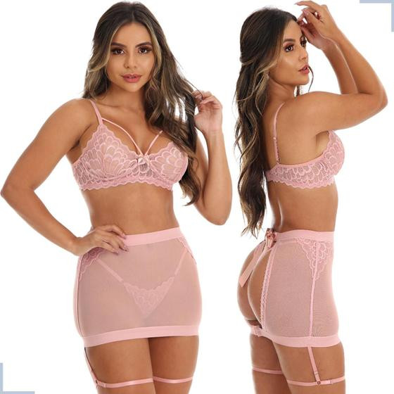Conjunto Lingerie Sensual Sexy 3 Peças Com Calcinha Saia em Tule - Aunika Moda Intima Lingerie