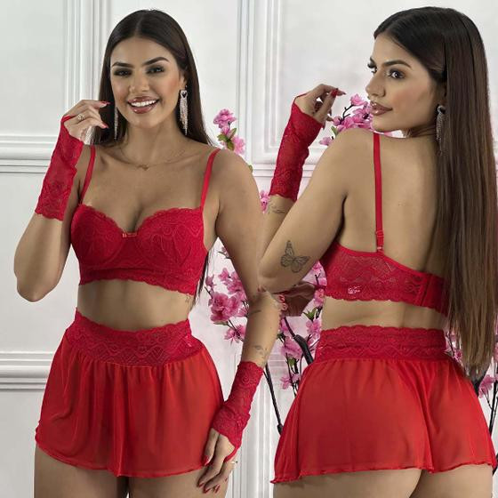 Conjunto Lingerie Com Saia Sexy Luvas Renda Luxo Sensual Sensual - Like4you