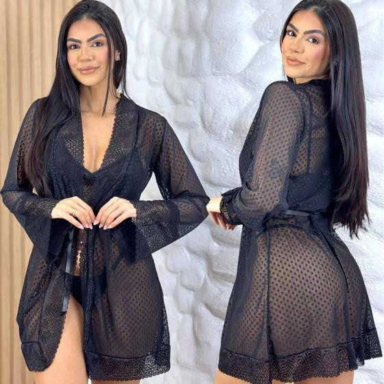 Kit Conjunto Lingerie Robe Tule Renda Sensual Sem Bojo Transparente - Like4you