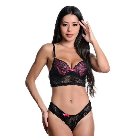 Conjunto Calcinha e Sutiã com Bojo Rendado Fio Dental Lingerie Preto com Pink - Portal do Prazer