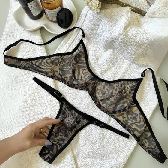 Conjunto Lingerie Tule Transparente Sexy sem Bojo com Aro Calcinha Fio e Regulagem Animal Print Sensual - SA STORE