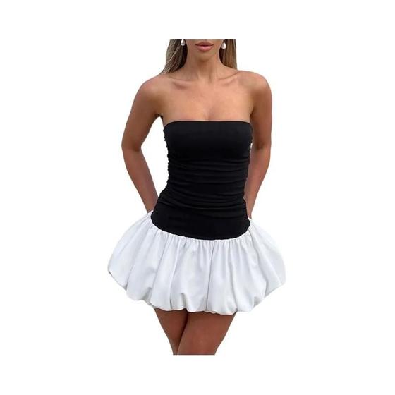 Vestido Feminino A-Line Sem Costas Com Patchwork, Saia sem alça Sexy Com Estampa Floral Para - HIZILENT