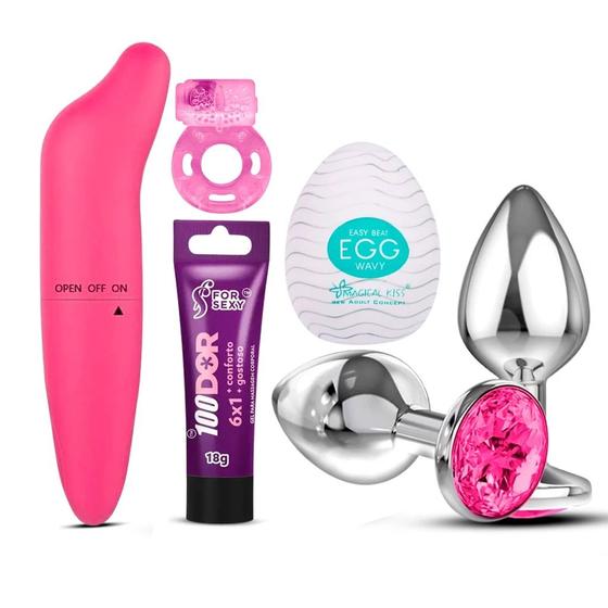 Imagem de Kit Casal Vibrador Ponto G+ Plug Anal + Anel Peniano + Egg Masturbador +Dessensibilizante Anal