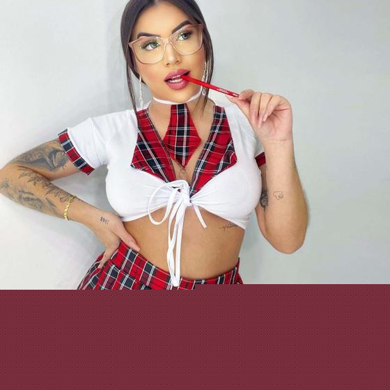 Imagem de Lingerie Sexy Cropped Renda MIni Saia Xadrez Sensual 