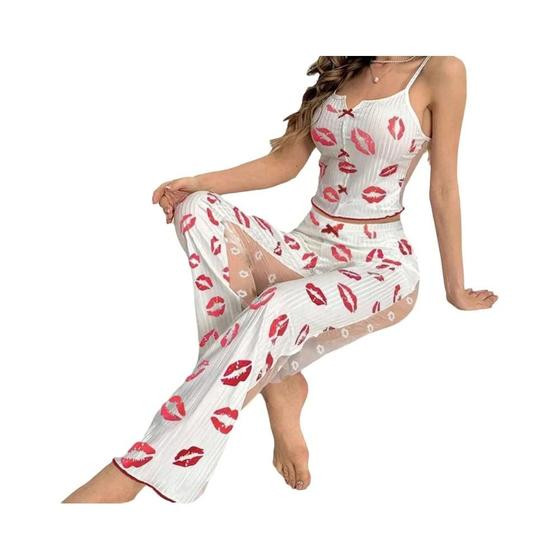 Imagem de Conjunto De Pijama Sexy Feminino De 2 Peças Em Renda De Malha Com Top De Alças Estampado E Calças